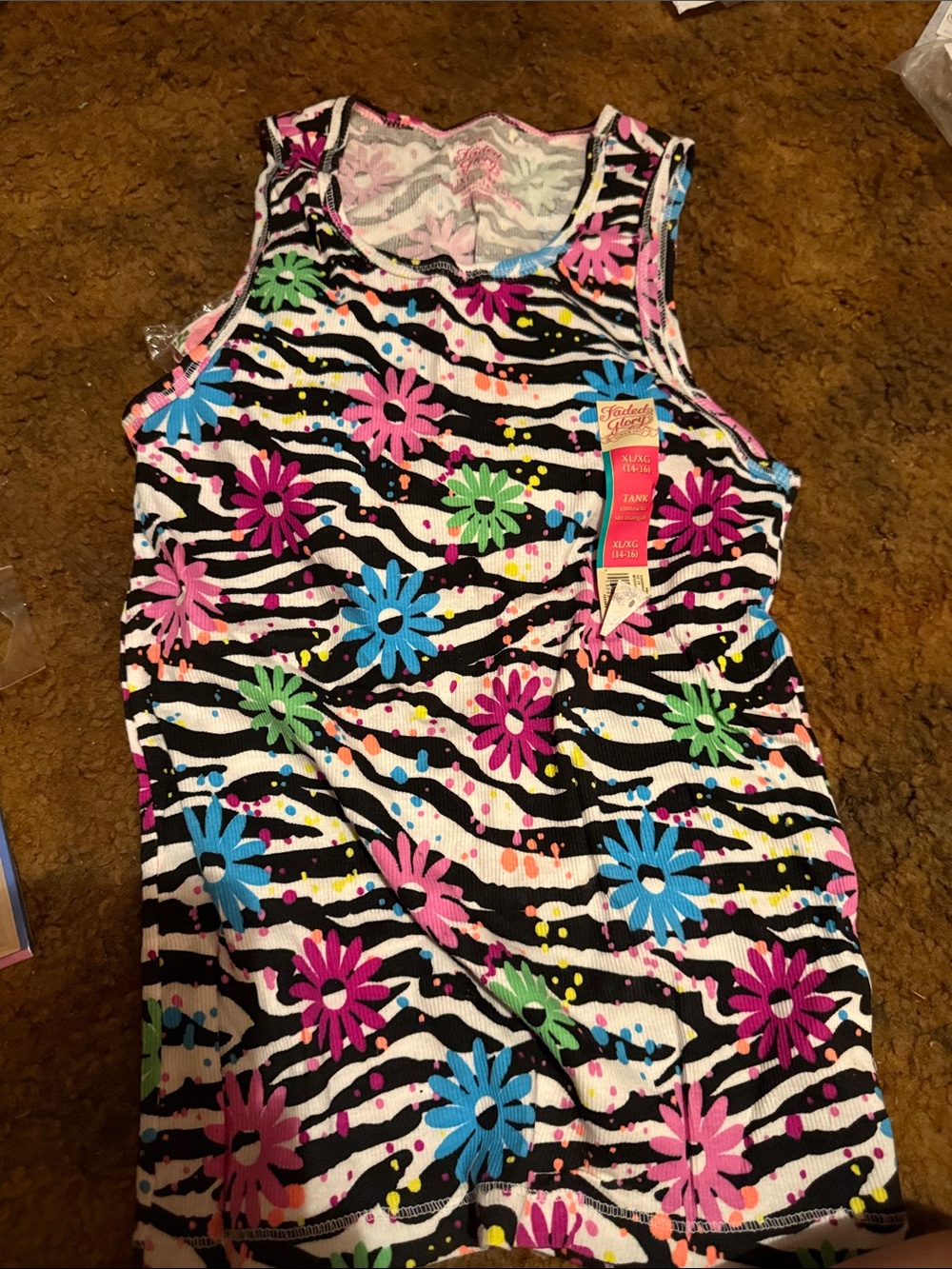 Faded Glory Black White Zebra Tank with Bright Floral Print